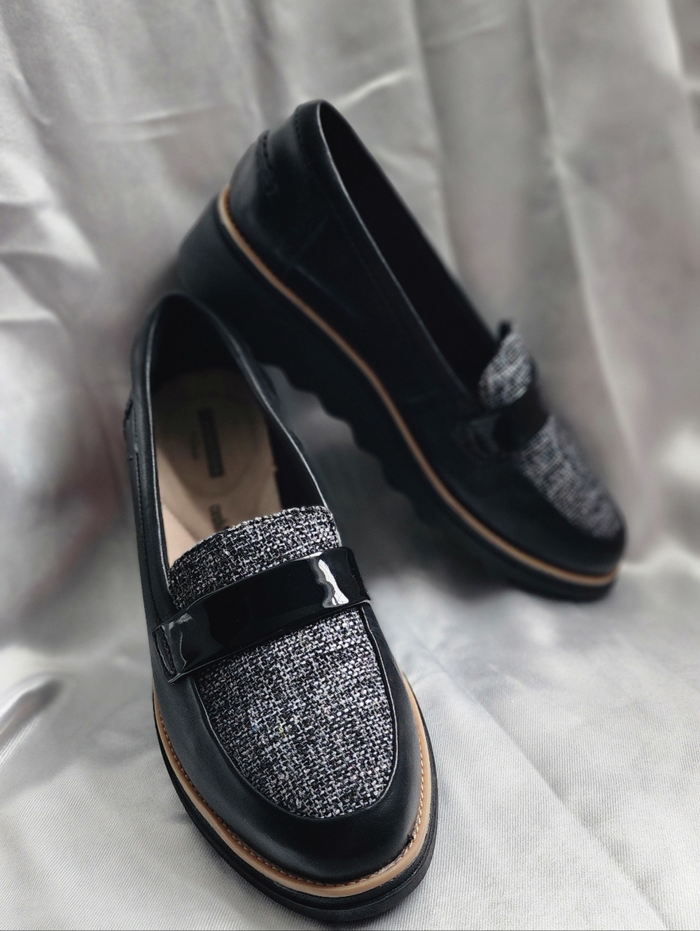 Clarks Sharon Gracie Loafers; Black Tweed & Patent Leather
